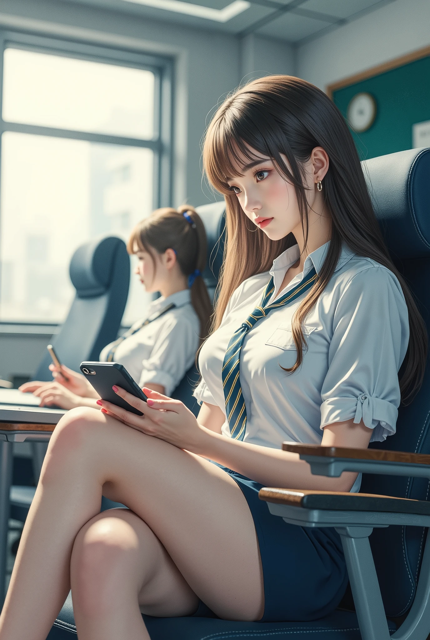 (( Top quality hand job 、In 8K、masterpiece:1.3))、Kazusa is sitting in the back seat of the classroom、Community Shomao holding a smartphone in his hand and watching