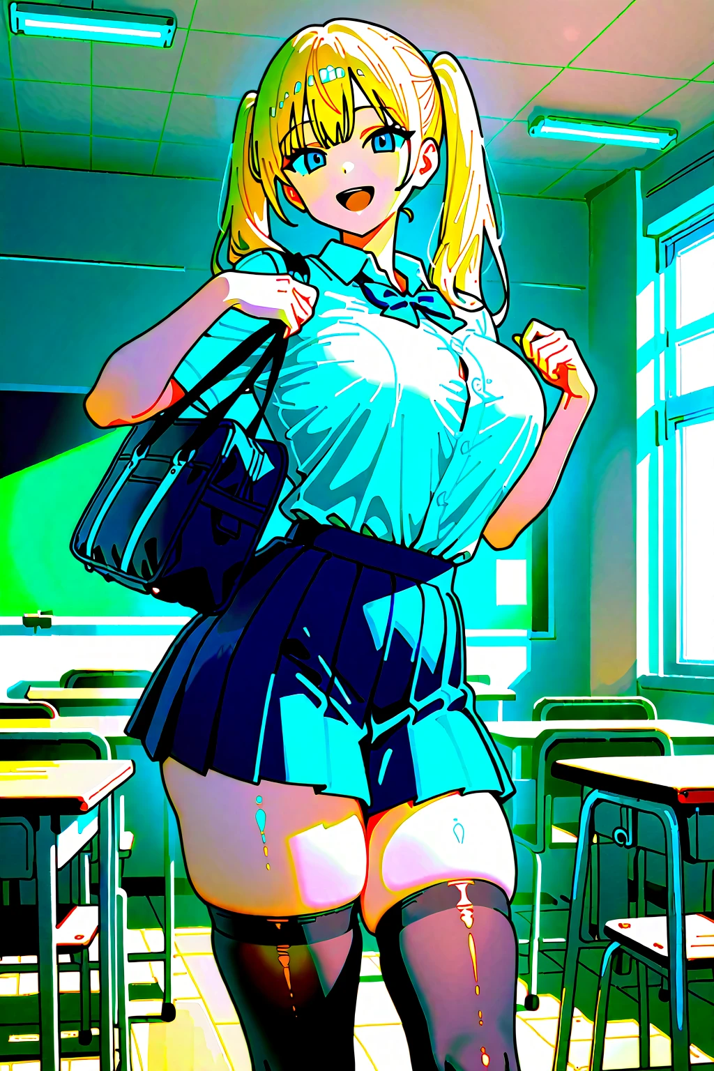Tanuki Personification High school girl Big tits Sailor uniform, miniskirt, glasses, standing classroom One person