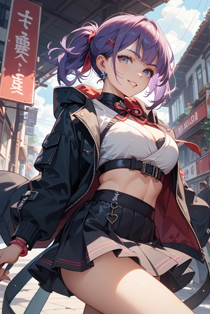(hero neisan art style:0.7), (hews art style:0.7), score_9, score_8_up, score_7_up, score_6_up, score_5_up, score_4_up, uncensored, miyamoto musashi, pink hair, earrings, ponytail, asymmetrical hair, swept bangs, blue eyes, BREAK (masterpiece:1.2), best quality, high resolution, (detailed eyes:1.3), perfect lighting, (perfect hands, perfect anatomy), moolight, falling flower, umbrella, alleyway, 1girl, solo, red umbrella, stomach, breasts, black choker, shorts, navel, umbrella, black shorts, midriff, choker, short shorts, standing, gloves, crop top, large breasts, black gloves, holding, thighs, boots, white coat, coat, looking at viewer, oil-paper umbrella, cleavage, holding umbrella, flower, single bare shoulder, black footwear