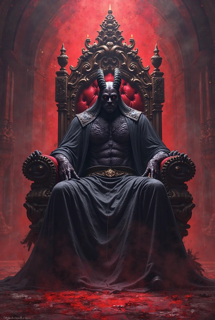 (photorealism:1.2), beautiful Imagine a black demon with red eyes in 3D with a serene face but a challenging look, strong and slender body staring straight ahead, while holding a plaque with the word LOKO on it in his left hand, with one leg crossed in a masculine manner, His throne is majestic, impeccable, infernal and has the word LOKO engraved on the top. 