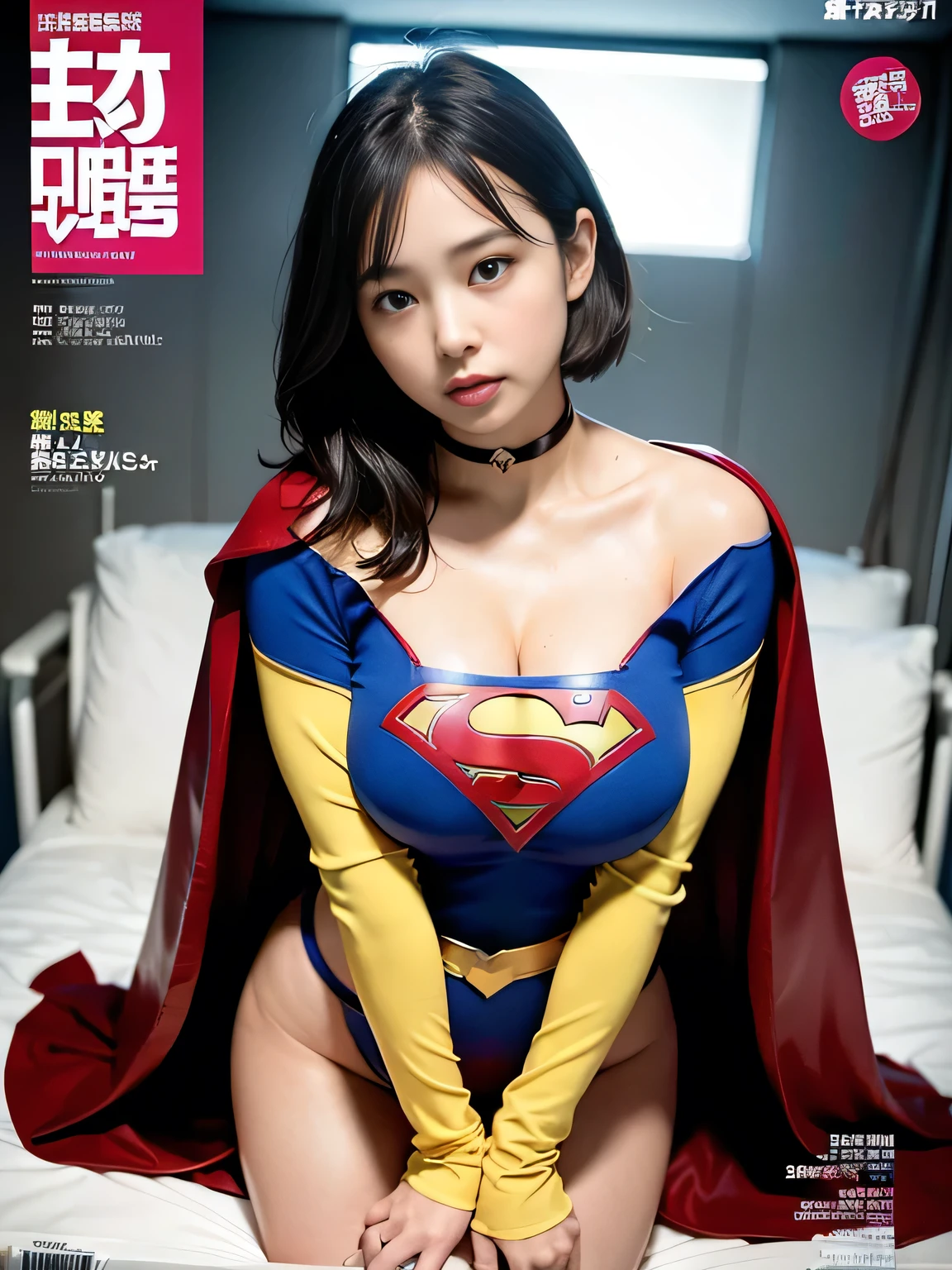 masterpiece、supergirl costume、short hair、barefoot、big and full breasts、Relax in bed、Sexy poses to seduce、model body shape、shiny、looking at camera、choker、long sleeve、red mini skirt、Weekly magazine cover、obscene、sweaty、Radical、off shoulder、Glamorous、Oily Skin、charm、charming、