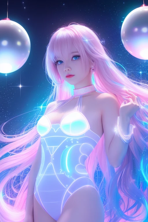 4K ultra hd, masterpiece, a girl with a magical aura, good face, long hair, shining hair, detailed eyes, glossy lips, wearing a dress in color silver, aura around the body, magical effects, spreading white and green lights, Cosmic elements and ethereal atmosphere, A mix of bright lights and colorful nebulas, universe background, sitting, whole body capture.