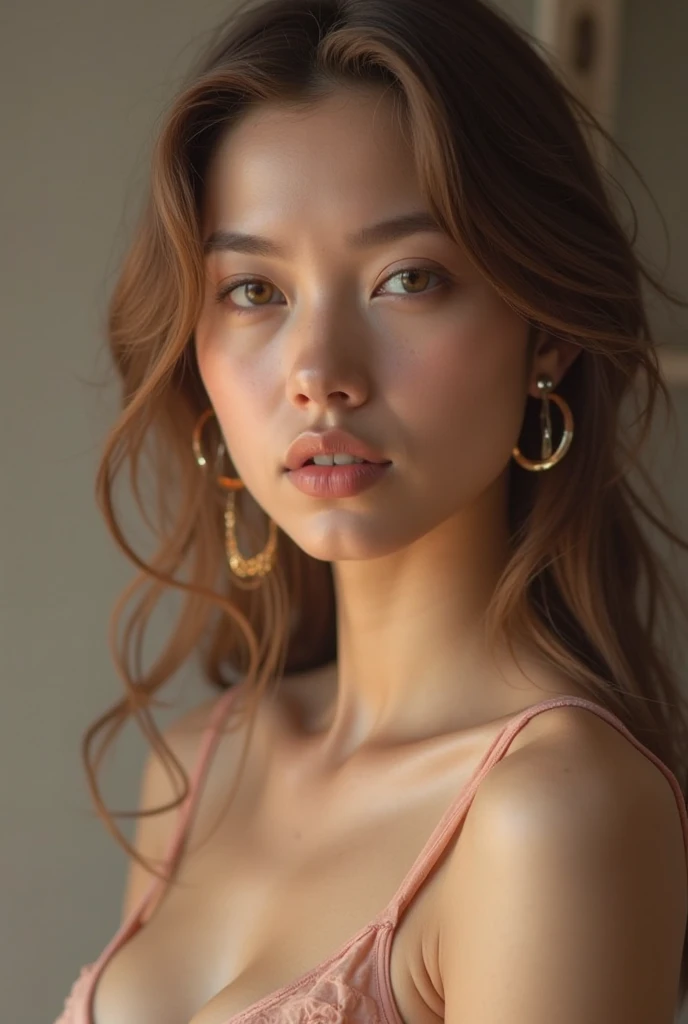  (photo Realistic:1.4), (hyper Realistic:1.4), (Realistic:1.3), (Smoother lighting:1.05), (Improving the lighting quality of movies:0.9), 32k, One girl,20 year old girl, Realistic lighting, Backlight, Light on the face, Ray-tracing, (Bright light:1.2), (Improvement of quality:1.4), (Highest quality real texture skins:1.4), Detailed drawn eyes, Detailed painted face, Quality Eyes, (Tired, sleepy and satisfied:0.0), Face close-up, See-through lace bra, (Enhance the mood of your body line:1.1), (Enhances the beauty of skin texture:1.1)、Lip gloss