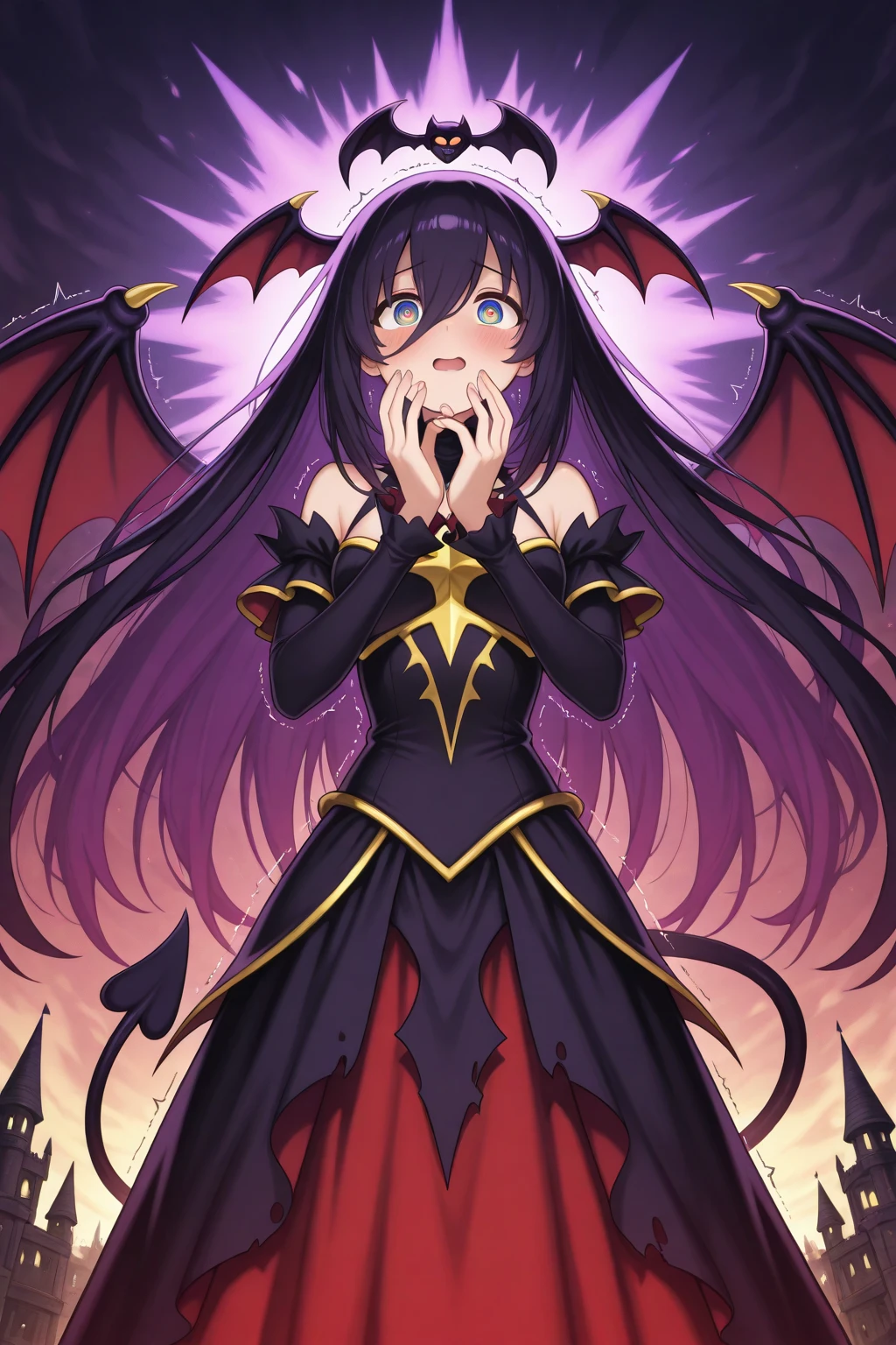 kawaii, anime, Cute, hyper quality, highly detailed, 8k, Clarity, with glowing green eyes, dark brown long hair, Dark Demon King, devil's peak, black eagle wings on the back, Throne room of the abyss, Crystal pillars reaching to the sky, dark sky, hellfire, sit cross-legged on the throne, wield a cane in one's hand, Draw facial expressions in detail, Showing succubus fangs with a creepy expression, Draw the whole body with a drawn composition, grin fearlessly, Wear an aura of darkness, ominous sky, Inciting point of view, to intimidate, Overwhelming, Stained glass, brandish a cane, dark magic effects, dark fog drifts, cross your legs, cross your legs, Right eye is glowing,