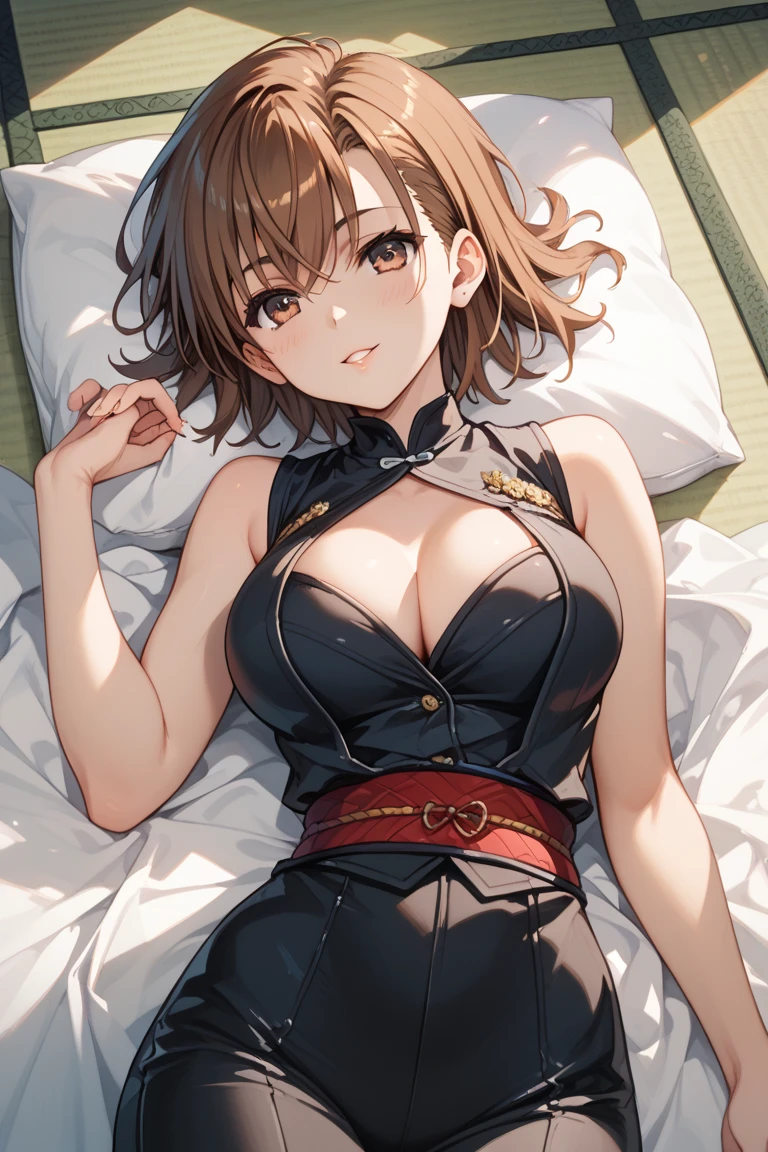 (Masterpiece), best quality, HDR,UHD,8K, expressive eyes, perfect face, 1girl, cute, sexy, perfect body, big breasts, black hair, long hair, straight curly hair, crisp eyes, dark blue eyes, lewd eyes, (seductive smile), (light brown fabric super shorts), small necklace, (black turtleneck), brown jacket (the jacket is on the turtleneck), (realistic body proportion), (facing viewer), (lying down position), bench, (perfect hand), (sfw)