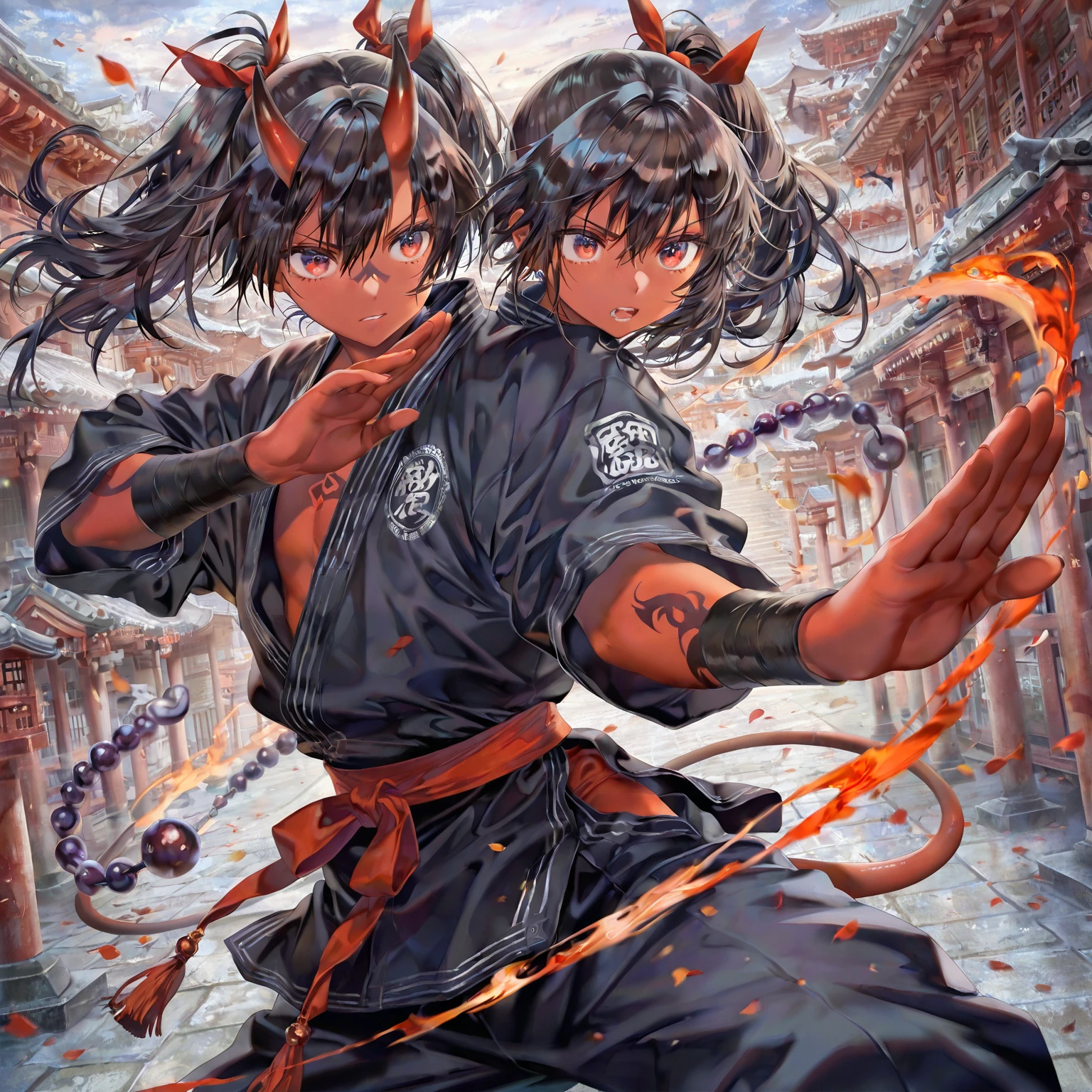 (masterpiece, top quality: 1.2), super detailed, cinematic lighting, HDR, dancing blue-faced Kongo, Blue face Kongo, full body, blue skin, four arms, eyes on the forehead, holding a three-pronged halberd, Falun, rope, based on two demons under your feet, with two children and four demon gods on both sides, impressive, fun, dynamic pose, dynamic angle,