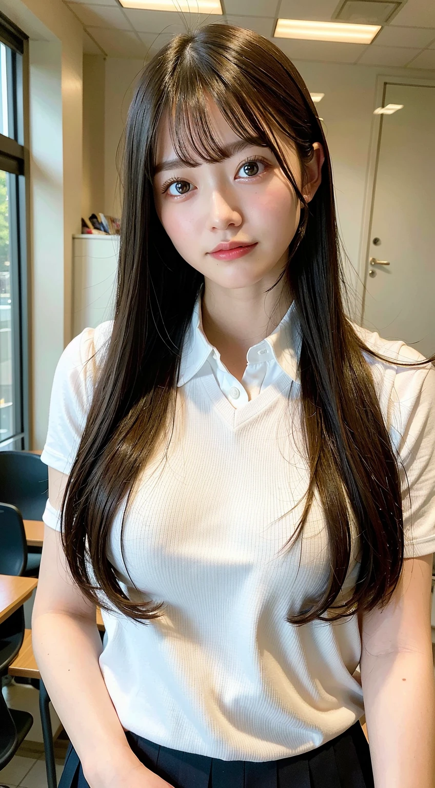 ((best quality)), ((masterpiece)), (detailed), perfect face、Japanese、30 years old、OL、Big Breasts、Long Hair、I put my hands on my chest and try to hold it down、A confused expression about being excited、Are sexually aroused、The whole body is shown、Her blouse is about to burst with her 、The buttons on my blouse are about to fly off