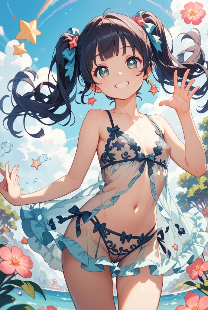 ((tanned young woman), ((short black hair, blue colored eyes,)),sexy open mouth, perfect body, ((dressed in a micro bikini ), swimsuit that fits the butt)), (( lying in a flowery field, looking at the camera, moist vagina )), red lipgloss stick), Masterpiece artwork, high qualiy, back-illuminated))