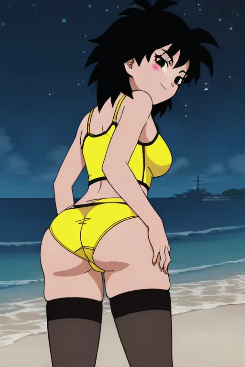 score_9, score_8_up, score_7_up,
1girl, alex ts, solo, black hair, short hair, brown eyes, dark-skinned female, frown, narrowed eyes, outdoors,
yellow micro bikini, on beach, ocean, sand, palms, covered nipples, cameltoe, hands on hips, on knees, back view, ass, bent over,