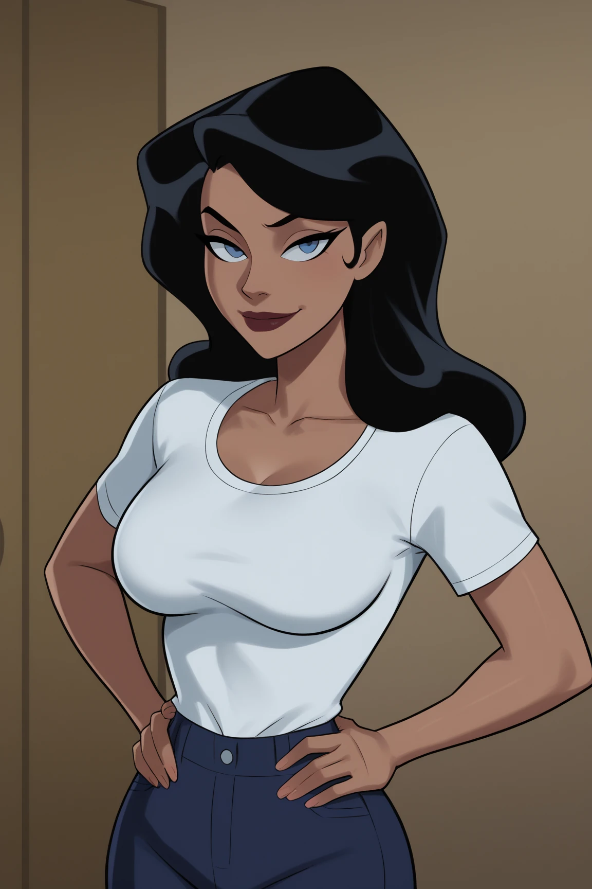 Curvy blue eyed girl with long wavy black hair and small breasts, (cruel_expression):4.0, lewd:2.0, (pubic_stubble):3.0