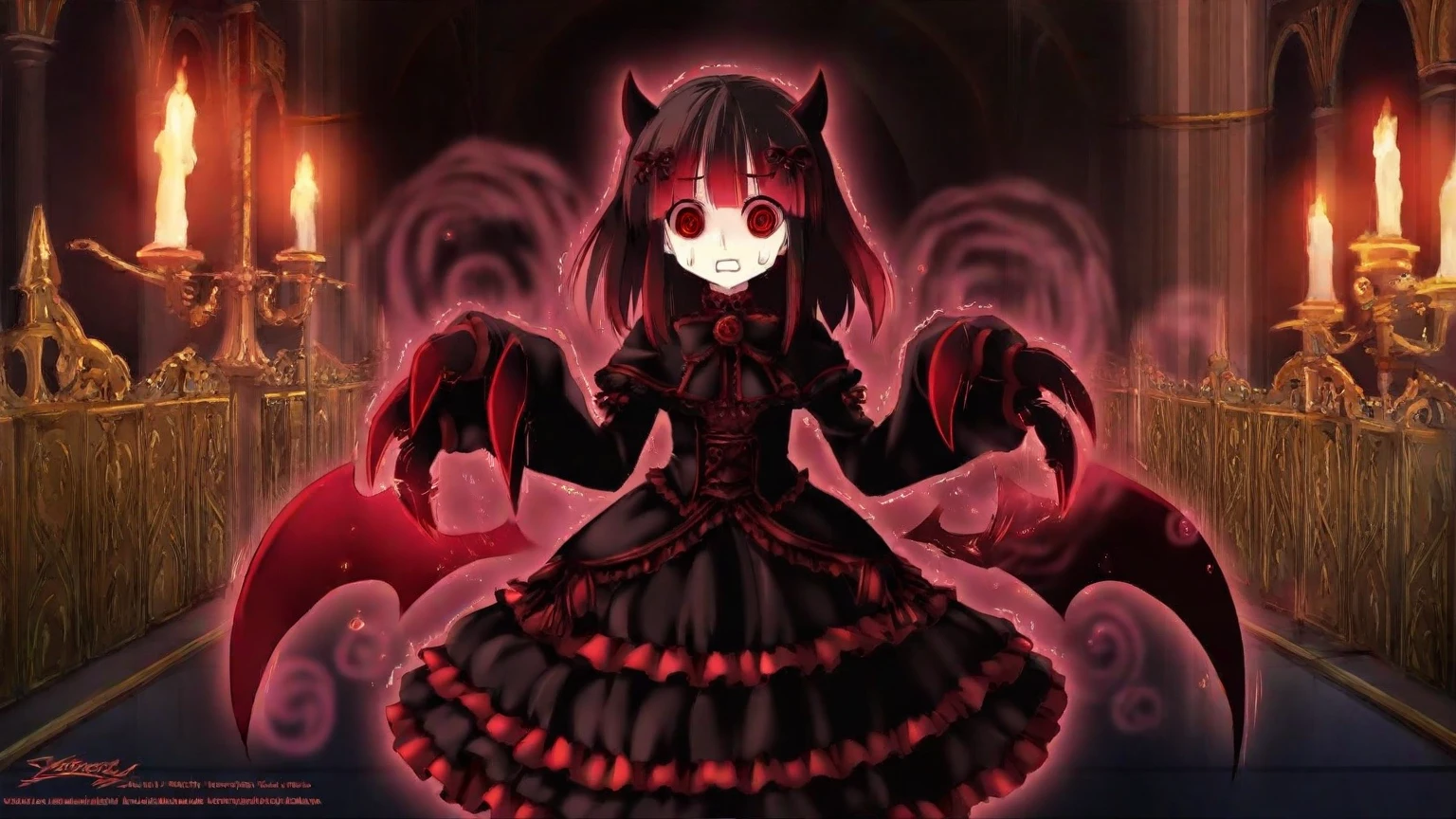 (Highest quality,4K,High resolution,masterpiece:1.2),Very detailed,Realistic:1.37,Spooky altar background,Dark fantasy,Red color scheme,Ominous atmosphere,Eye-catching,Storytelling,anatomy,Anime Style,Concept Art,beautiful細部までこだわった顔と (((Red eyes ))),A terrifying ritual ,Satanic Ritual,Premature death,Misconduct,Crazy Smile,Scythe Face,Girl Monster, beautiful, Delicate facial features, Sharp Eye, Sharp Fangs, Pale skin, Thick chain, Dark Background, Cinema Lighting, Dramatic Shadows, Gothic style, Gloomy atmosphere, Dark fantasy, One Girl, , Please open your mouth wide, Open your mouth and baring your teeth,Sharp teeth like a beast, Wide lips, very wide mouth, Vermilion cheeks, ,(Blood splatter:1.4),Scary smile, smile,Fallen angel design, Twisted smile、Bloodstained、bleeding from the head,,,、Blood splatter、,(Blood splatter:1.4),Crossbones, skull,Horror Style, ((Fantasy Fallen Angel Costume)), ((Flowing black hair)), ,(Blood splatter:1.4),Female curves, Sexy flat stomach, Perfect hands, Perfect anime face, ((White Lolita Dress)), Are standing, ((Wicked Smile)), ,(Blood splatter:1.4), Steam circulates, Moonlight Illumination, night lighting, disaster々new devil horns,,(Blood splatter:1.6),アニメFallen angel design, Twisted smile、Bloodstained、bleeding from the head,,,、Blood splatter、,(Blood splatter:1.4),Crossbones, skull,Gothic architecture、Western architecture、Fantasy World、,Victorian cities, Skeleton Gas Light,Absurd, High resolution、 ((Tabletop)), ((Highest quality)), (Very detailedな), ((Very detailed)), (beautiful), ((pretty girl)), (NFSW:1.8), alone,(10 years old:1.6)、(The world&#39;s scariest and creepiest demon girl:1.5)beautiful face、Whole Body Ezbian、Pale, transparent skin、beautiful黒の髪、Smiling Kindly、Dark building ruins、(Snow White&#39;s Ruffle Dress:1.3)、(The dark ruins are stained with blood:1.3)、Low angle full body shot、(少女は血の海の中にAre standing:1.5)、(The ground is full of blood:1.3)、(The girl lost a lot of blood.:1.3)、)、(Crazy Smile:1.6)、Spirits、(Blood dripping from the mouth:1.3)