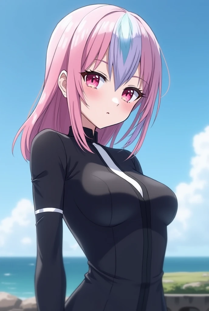 <lora:Sai_Hinoki:0.9>,Hinoki, 1girl, solo, large_breasts, multicolored hair, large breasts, brown hair, two-tone hair, red hair, traditional media, marker (medium), red eyes, green hair, arms up, bodysuit, dyed bangs, cowboy_Shot,
beach, 
1990s \(style\), anime, anime_screencap, animated gif, mp4 ,video, animated, 
masterpiece, high quality, very_high_resolution, large_filesize, full color,