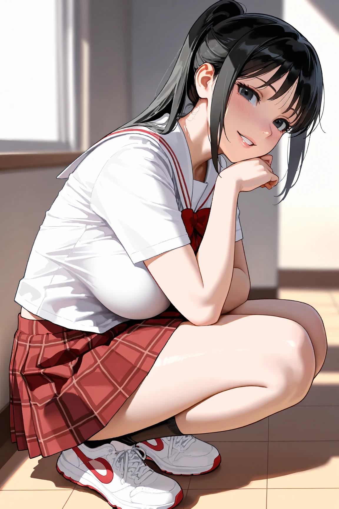 ((table top, highest quality, High resolution, perfect pixel,  4k,)), 1 girl, single, alone, Beautiful woman、I could see the whole body、 ((short wavy hair, bangs, brown hair)), ((brown eyes, beautiful eyelashes, realistic eyes)), ((detailed face, blush:1.2)), ((smooth texture:0.75, realistic texture:0.65, realistic:1.1, Anime CG style)), medium breasts, dynamic angle, perfect body, Angle looking up from below、 ((Sit on the floor with your legs wide apart、get down on one knee、open both knees、Change clothes in the locker room、red and white cheerleader uniform、Red and white short-sleeved shirt、red and white ruffle skirt、、sexy floral lace panties、))、、Look up shyly、Very embarrassing panic smile、、cover your chest with both hands、、