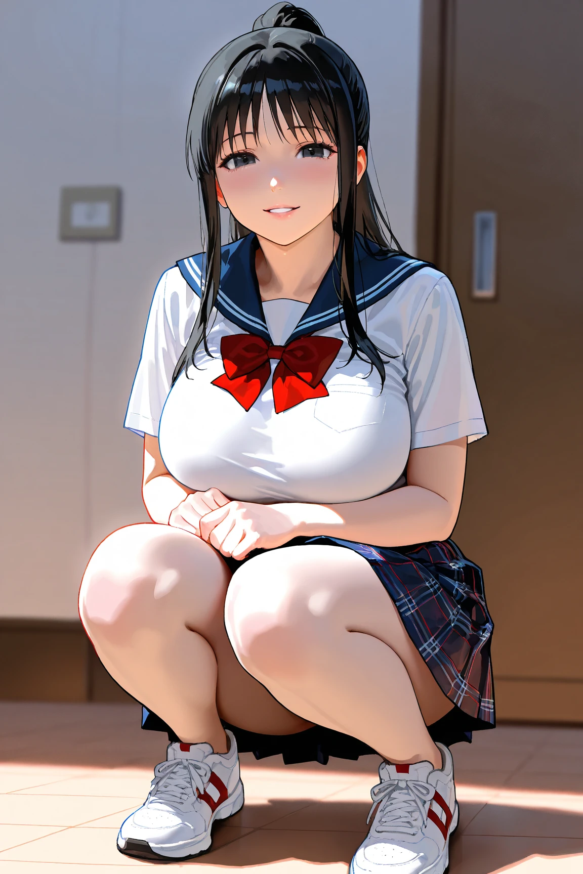 masterpiece, Highest quality, High resolution, Ichigoya, alone, , Red neckerchief, , ,pubic hair、Nipples、Areola、Thighs、Navy knee-high socks、High resolution、Legs wide open、School、Desk and chair in the background、Ultra-realistic、Realistic、Embarrassed、Twin tail hairstyle
