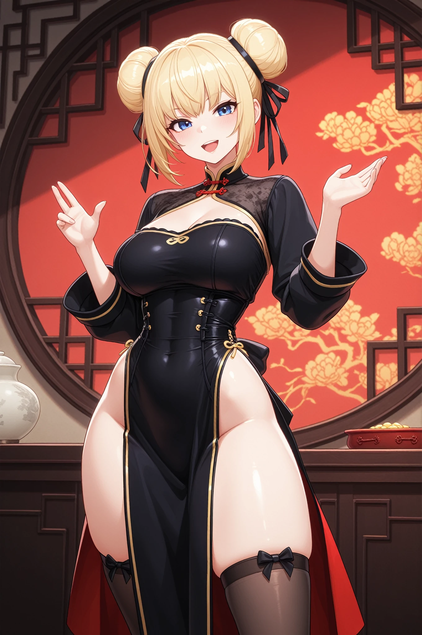 （（Midnight， Highest quality， 8k， masterpiece ：1.3））， Whole Body Ezbian， Long legs， Sharp focus ：1.2， Beautiful woman with perfect figure ：1.4， Slim Abs ：1.1， （， Huge cleavage ：1.2）， （Night Scenery， here：1.3））， Highly detailed face and eyes、Skin Texture， double eyelid，（Highest quality）Gaoyagui Lace Gold Skinny Cheongsam Dress Girl with Attention to Detail，（background：wonderfulバー、Alcohol artists from around the world），Sit on the floor at the bar，Spread your legs，Wearing a noble gold lace thin cheongsam，excitation，Beautiful breasts，Protruding lower abdominal muscles，Exposing tight panties，and《wonderful》Add a cinematic touch to your scenes，（（（wonderful big breasts：K-Cup））），（（Blonde Curls，Pick staining、colorful）），Tie it in a high ponytail，Cinematic lighting completes the overall atmosphere。,smile 