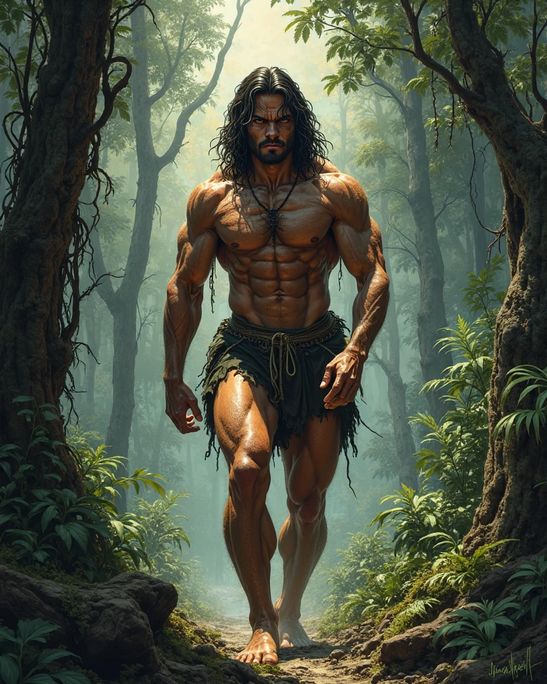 handsome and hyper muscular (like pro bodybuilder) Tarzan.