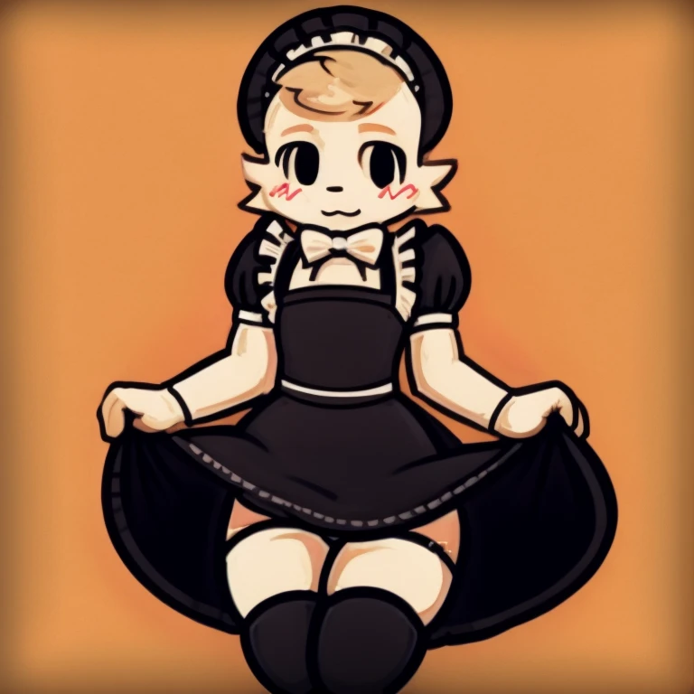 olga pataki, kneeling, blonde, white shirt, black vest, long sleeves, earrings, blue beret, retro style, short hair, white thighhighs, smile, green skirt, penis at face, on all fours, brown boots, half-closed eyes, kiss mark, lipstick