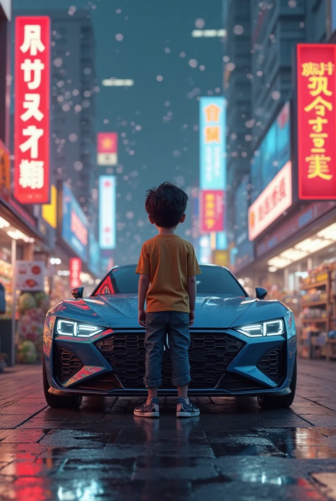 A boy comment the
creat a bmw with silver color in Tokyo at night with neon light 
