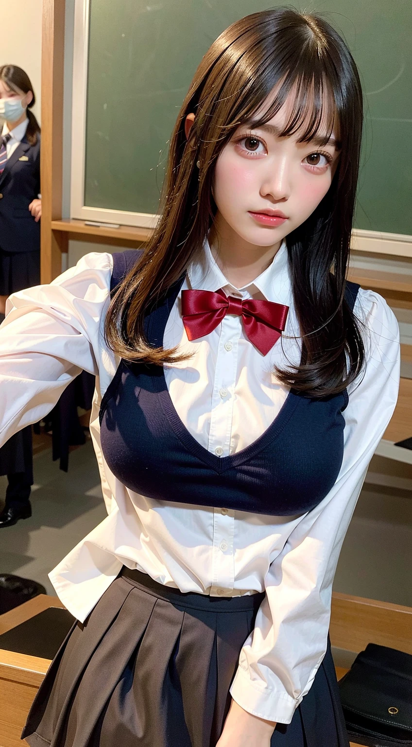 (Light Blue Bra、shirts lift、lifted by self:1.2)、((top-quality、8K、masterpiece:1.3))、foco nítido:1.2、Beautiful woman with perfect body shape:1.4、Slender Abs:1.2、(Japanese girls' high school uniform))、Very detailed expression, finely detail、Highly detailed face movie lighting、16 years old girl、front facing((A dark-haired))、Back alleys in Shibuya Shibuya:1.2、Kiss Face,sad Facial expression,embarassed expression,Highly detailed facial and skin texture、A detailed eye、二重まぶた、18year old、pleatedskirt(((Dark blue school uniform、White blouses、Cute white white short sleeve blouse with checked ribbon)))、Navy blue uniform jacket、