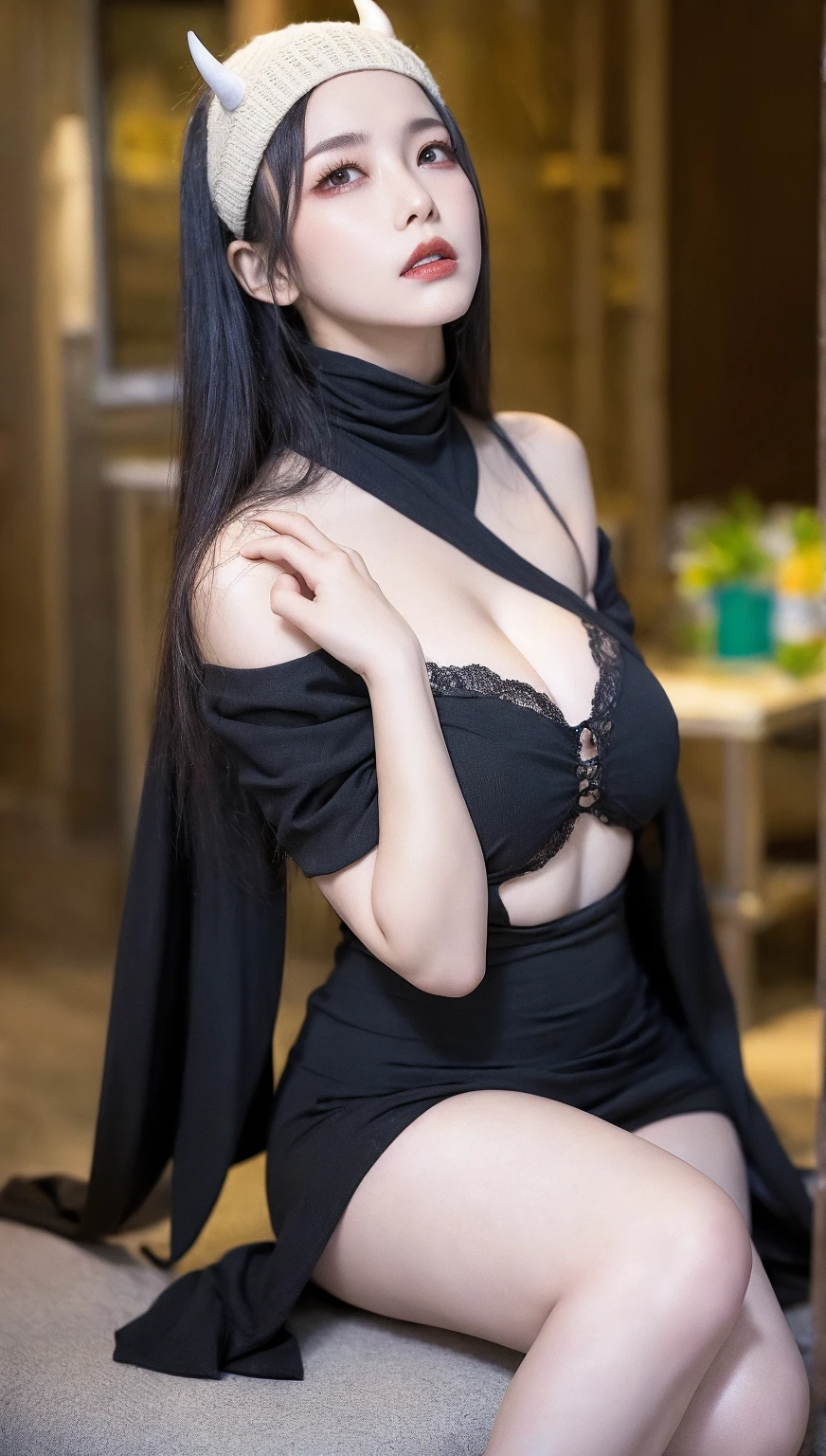 (8k,RAW photo, best quality, masterpiece:1.2),
(realistic, photo-realistic:1.37),ultra high res,
photon mapping, radiosity, physically-based rendering,
1girl,(black hair:1.3),detailed face,detailed eyes,huge breasts,
shiny skin,hip,(pureerosface_v1:1.0),standing,Low cut Lolita outfit，
looking at viewer,(laughing out lovely:1.2),(happy),cure lovely,