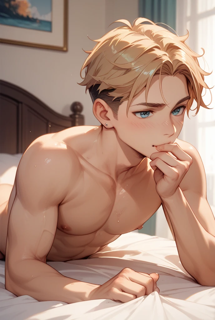 (1boy), (7 Yo Boy, A boy with blue eyes and super short blonde hair :1.5), (de pele branca), (Full body), (Very sweaty wet skin, Flat chest of a boy, Represents medium , Confused, shame, blush:1.5), (Bulge), BREAK, lying on the bed, Spread legs, (((My briefs were torn and exposed.))), Torn underwear, boys white briefs,