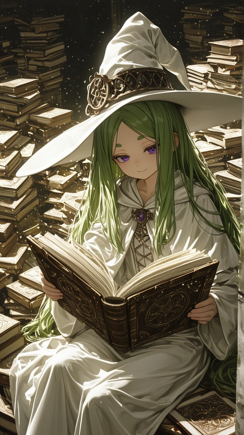 1girl , solo , ゴモヴィロア_Der Werwolf: The Annals of Veight , bibliomaniac , A room filled with piles of magic books, a girl reading amid the clutter of books scattered everywhere , The magical light illuminates the room , The girl is reading a book with a sandwich in her hand , wariza , break , 
loli , skinny , slender face , green long hair , forehead, parted bangs , Long bangs, hair mini ribons , short eyebrows ,  purple eyes , small nose , witch , white slim fit slit witch long dress , white cloak , big white witch hat , parted lips , looking at viewer , 
break , 
( ambient occlusion:0.9 ) , masterpiece , best quality , ultra-detailed , high resolution , extremely detailed CG , unity 8k wallpaper , super detailed skin , perfect  , detailed beautiful face , detailed beautiful eyes , highres , chiaroscuro , highly detailed background , elaborately designed clothes , dramatic lighting , full body , dramatic angle , light particles , ARW ,  