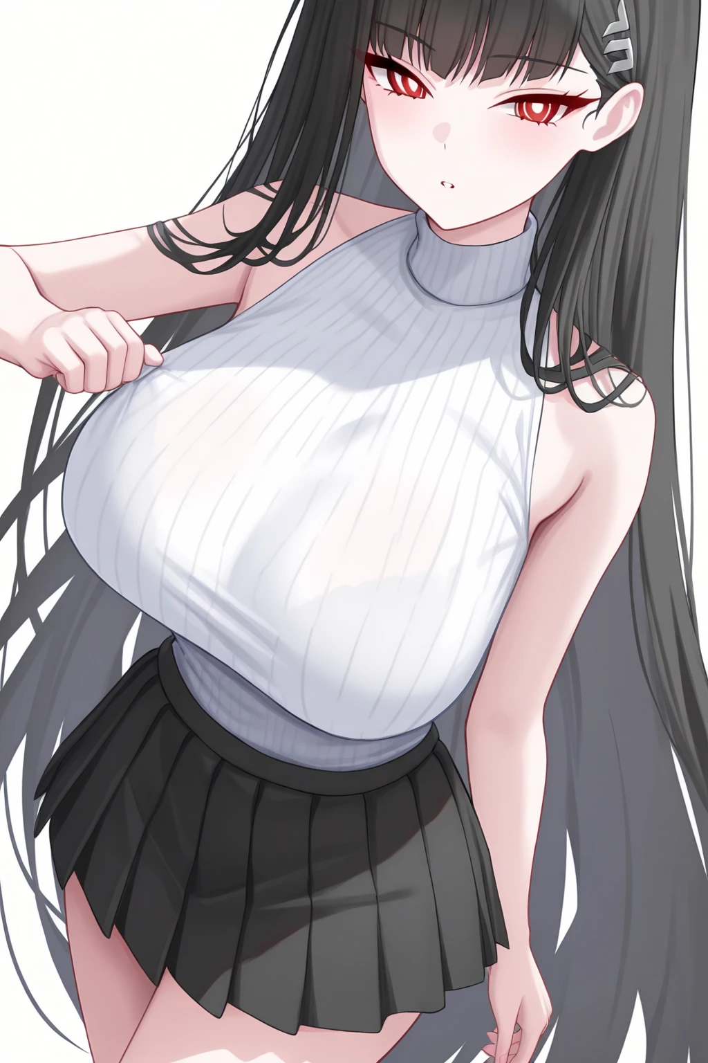 bp-homura, 1girl, long hair, solo, akemi homura, black hair, solo, huge breasts, huge ass, huge thighs, narrow waist, wide hips, thick thighs, curvy, cleavage, tight white t shirt, (underboob), red bloomers, blushing,sweating, (breathing hard), (panting), anime, smile, outdoors,, simple background, (best quality), ((masterpiece)), (highres), (highly ultra detailed face and hair and skin and eyes and finger and background and hair:1.2)