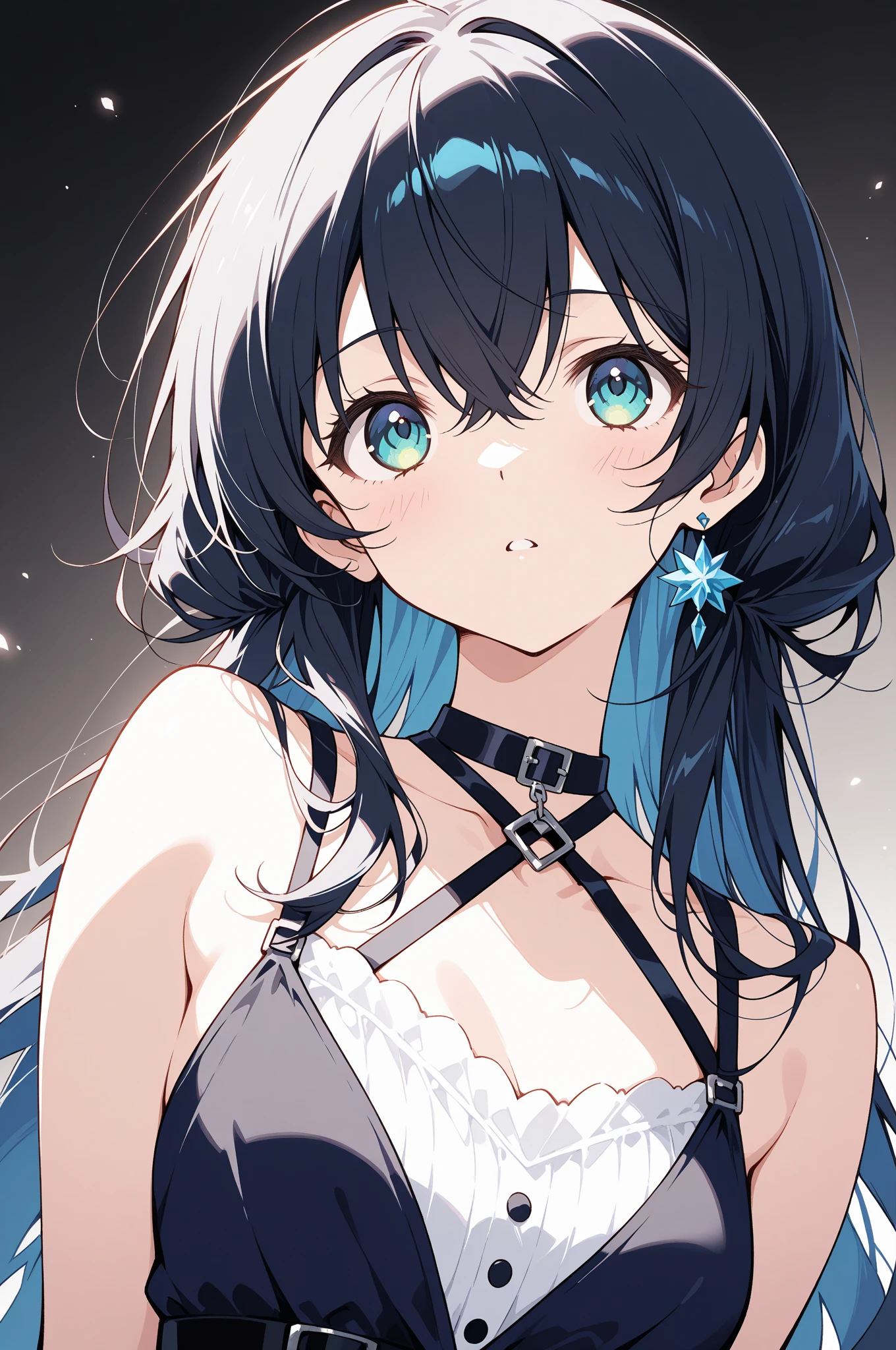 masterpiece, best quality, ultra-detailed, illustration, portrait, 1girl, black_hair, blue eyes,  grey hair,  swimsuit, bikini