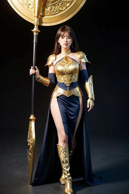 Li Yitong, Female warriors, Long-haired girl,Shy and embarrassed expression, Light smile, Full body armor, Full body armor, Beautiful fantasy queen, Strong busty princess, extremely detailed goddess shot, Golden cape, metal boots, cinematic goddess body shot, giant stunning goddess shot, ((Beautiful fantasy queen)), goddess. Extremely high detail, japanese goddess, anime goddess, Gorgeous role-playing, Heavy armor