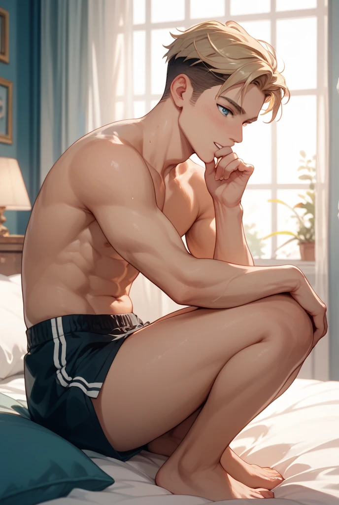 After exercise, Handsome man with abs lying on bed Mixed socks and panties Watch viewers Real 4K light and shadow Only transparent pants Sweaty brunette Blue eyes White socks Sexy man Normal body Homosexual physiological response Strong erection