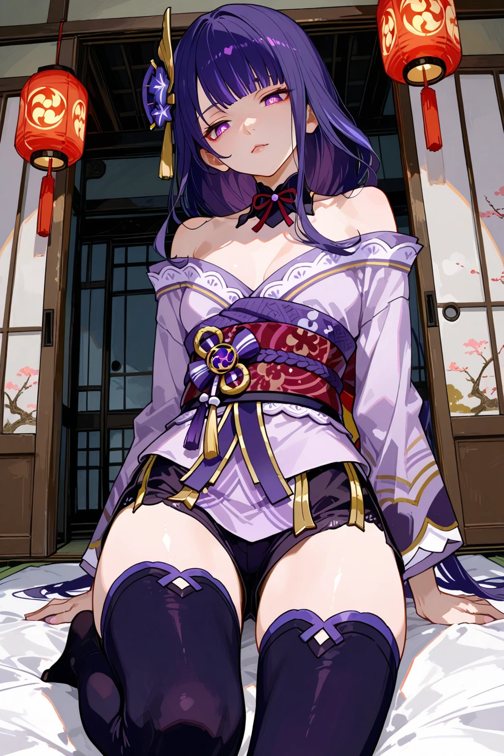 (highest quality, masterpiece, Super detailed, perfect pixel, UHD, 4k, HDR, Depth of the bounds written), 1 girl, thunder and lightning_general, official art, perfect body, (realistic:1.1, smooth CG texture), (dull bangs, long hair, eyelash), hair ornaments, throw, close, sly smile, nip slip, Are standing, wood, stage, (Atmosphere of Kyoto), null, cherry blossoms, temple, looking at the viewer, (whole body、from below)、Show your、show nipples、Show me your pussy、spread your legs、The penis is inserted