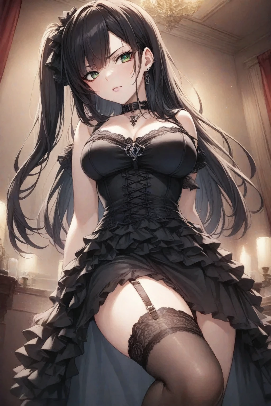 masterpiece, best quality, high resolution, Sa 1, Checked off-the-shoulder dress, black stockings, sparkling eyes, Fake eyelashes,