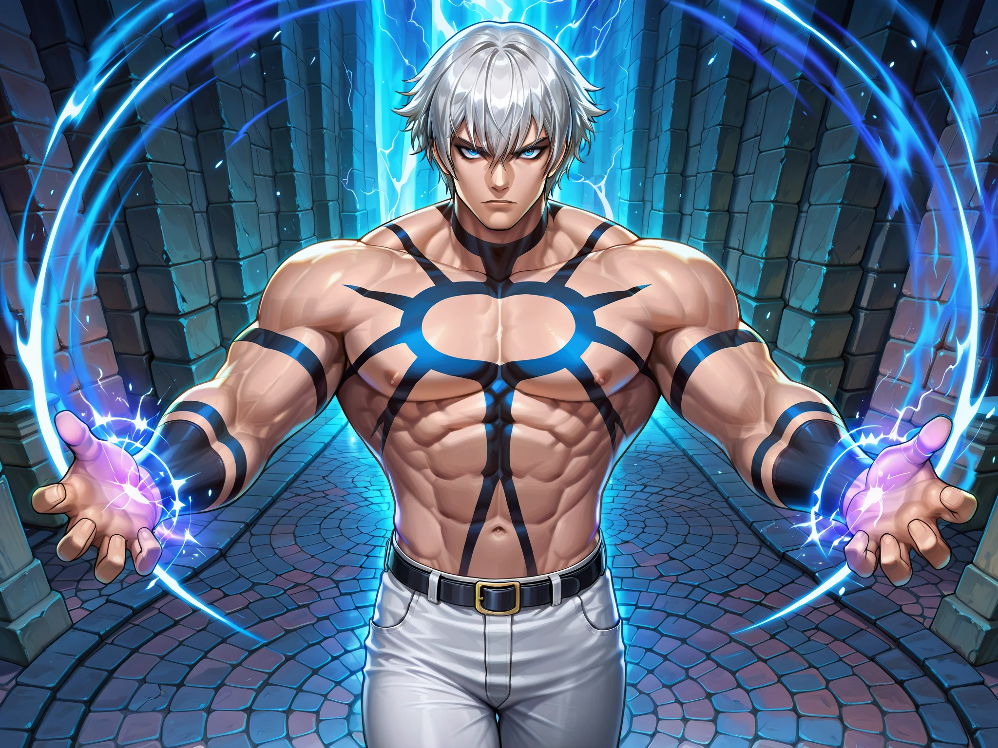 (masterpiece:1.2, best quality), KOFOrochi, 1man, muscular, white hair, medium hair, body paint, white pants, belt <lora:KOFOROCHI:0.75>