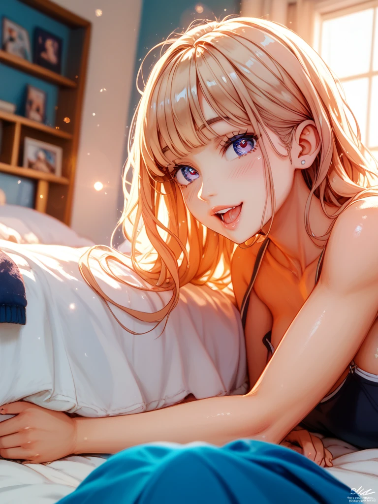 Girl with headphones enjoying music in a home I am studying Emphasize a little bit of the big chest Looking this way and smiling Night Background