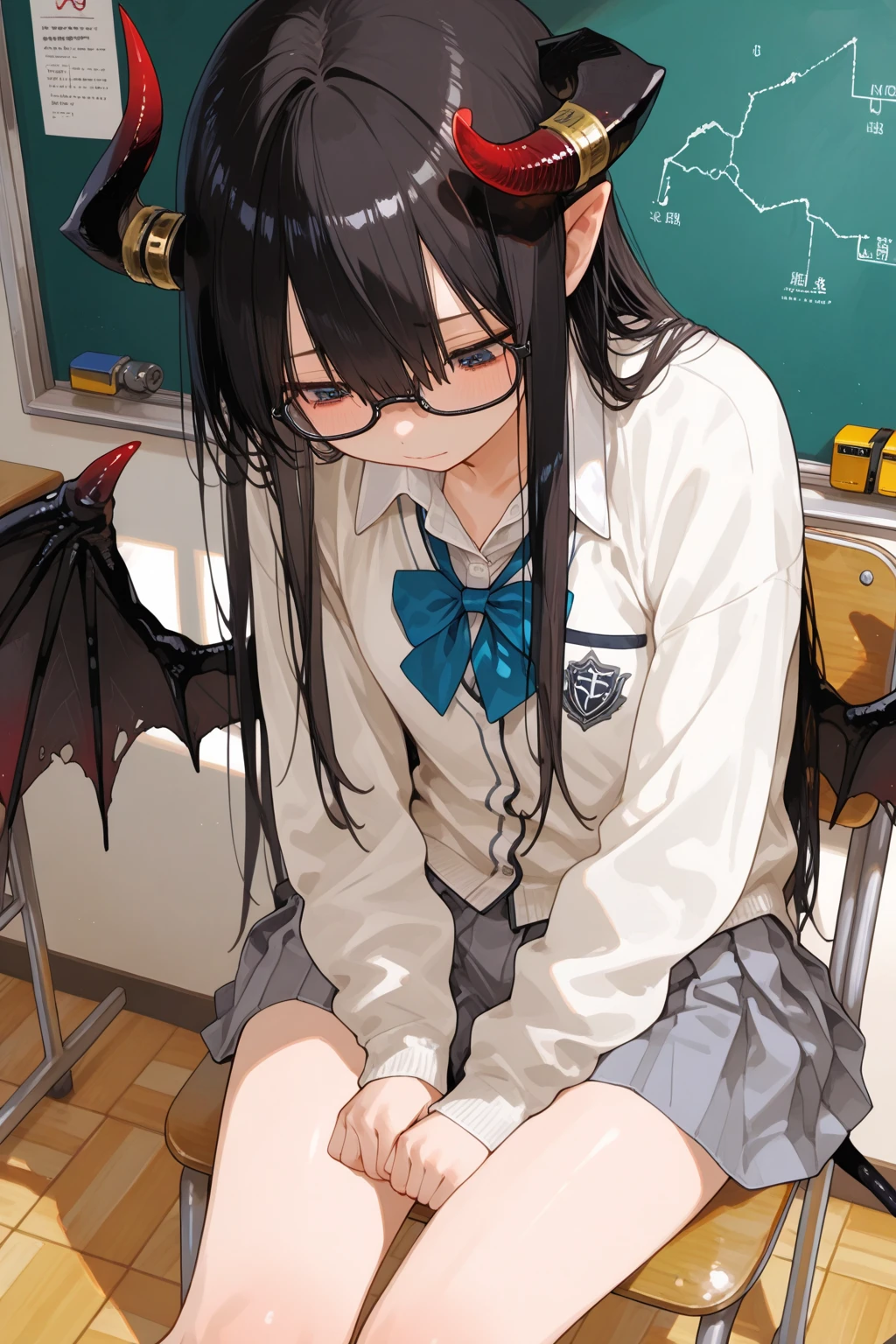 masterpiece, best quality, amazing quality, very aesthetic, newest, 1girl, Nerd Demon King、plain impression、shadows are applied to the face、Squishy long black hair、Demon King's Horn、Demon King's Wings、school uniform、SI school classroom、教室の一番後ろのmachine、machineに顔を突っ伏して眠る、 shinky 、Looking down、Hide face with arms、machine、the light doesn't shine only on the girl、Front Map、The golden ratio、