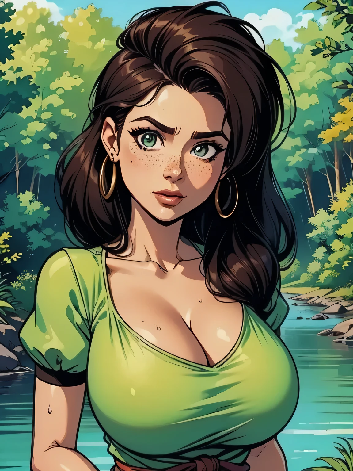 one girl, long dark hair, green eyes, big nose, thin lips, green tank top, large breast, cleavage, detailed, masterpiece
