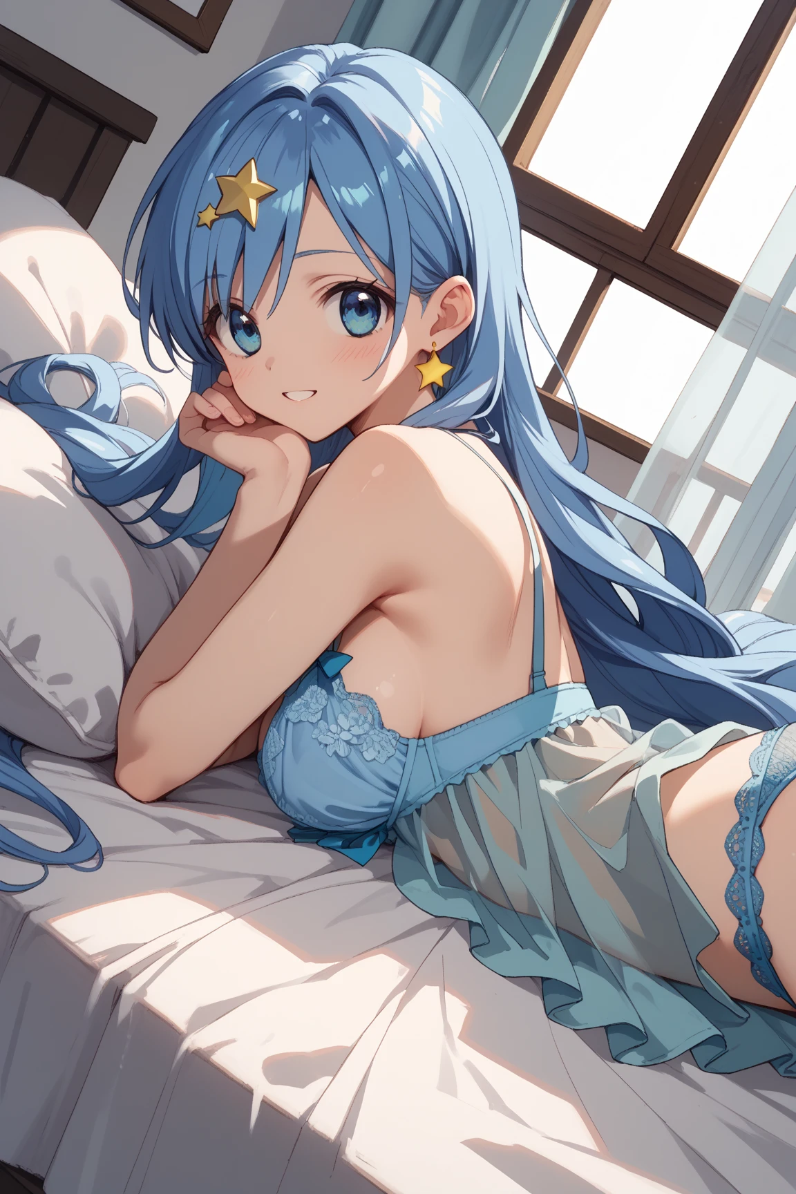 anime girl with light blue hair, Hair in a delicate blue tone, long hair, purple eyes, pony tail hair, sexy underwear dress, medium breats, mature factions, very aesthetic detail anime background bed room, lamp