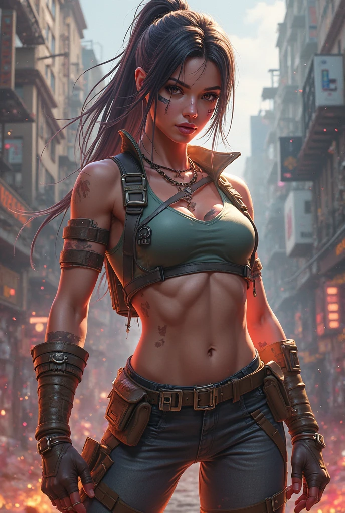 {{Meisterwerk}}, A pretty young woman with big ones, firm breasts, schlanke Taille, wide hips, Starke Oberschenkel, Beefier, fester Hintern, Nordamerikanischer Typ, in einer Welt nach einer atomaren Apokalypse, eine Kriegerin mit schwarzen wilden Dreadlocks, Armor made from fur and scrap metal, Stammes-Tattoos, Narben, Blut, Eine Szene aus einem Actionfilm, Eine Kampfhaltung, eine spannende filmische Perspektive, Ruinen, filmische Beleuchtung, kunstvolle Details, selektiver Fokus auf ihr Gesicht, {{Fotokunst}}