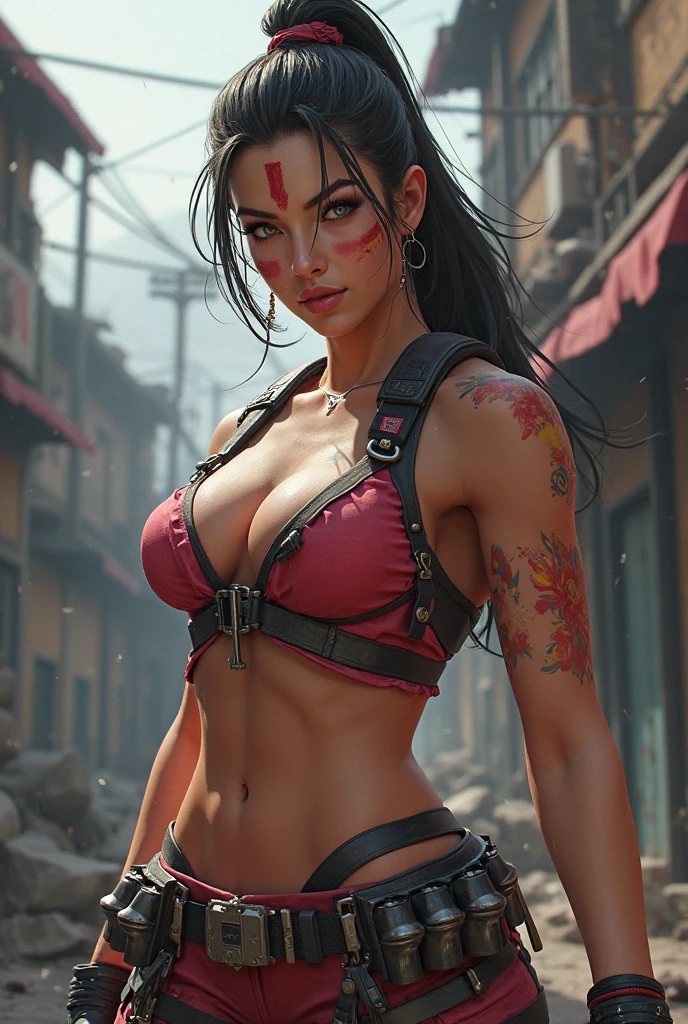 two women (thick chubby body "Completely flat chest" "19 years old" Short girl ("Marion Ravenwood"), (Very small breasts), curly short black hair, belly, (Wear a fur sheath)), (Gorgeous muscular body with tattoos "26 year old" Tall savage woman ("Lucy is lawless"), fit-muscled body, muscular arms，Bulging veins, body tattoo, Wear leather jewelry, shoulder-length black hair), In a busy medieval street market (a sea of people), Dust, Dirt, Pale skin, (From the side Side), "No shirt", (almost no clothes:1.6), Areola Slip, hairy  hairs, strong pubic hair, Bottomless, Bare shoulders, Thick eyebrows, Thick eyelashes, ((Masterpiece)), Shiny skin, hindquarters, hyper HD, Best quality, A high resolution, High details, 8K, sharpfocus, scorching weather, Nasty, leering, Naughty, Obscene，Tattooed with