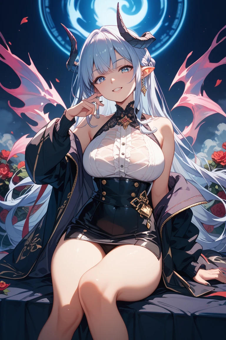 top-quality、Top image quality、tmasterpiece、girl ((Sixteen years old、medium chest circumference、obsessed、tempting pose、Breasts wide open,sliver long hair、micro-curly hair、charming body、Grand canyon、Transparent silver dress，Modern sexy clothing、Dragon Demon Princess）high high quality、beautiful art、Background with((natta、mysterious bedroom、Fantasy Dragon City outside the window)))、visual art、depth of fields、Diamonds adorn clothes、Full body lesbian、