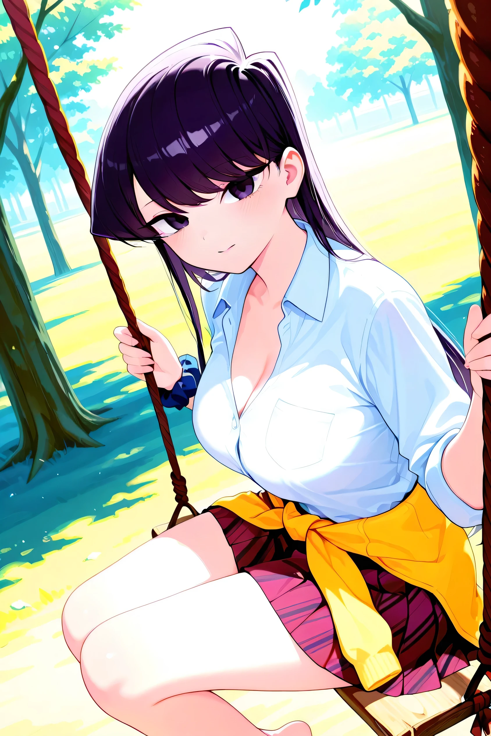 ((best quality)), ((masterpiece)), (detailed), off-shoulder sweater, Transparent body, Visible veins, Highly detailed, Upper body, one girl, young Korean woman with a Korean beautiful face, golden eyes and yellow sandy lush hair, tanned dark bronze skin, huge chest, dressed in an open coat with rolled up sleeves, a transparent unbuttoned shirt, a wide leather belt with gold yarn, leather shorts, a hiking backpack, a two-handed katana in sheathed, walking through the forest, trees with blue foliage and white flowers,