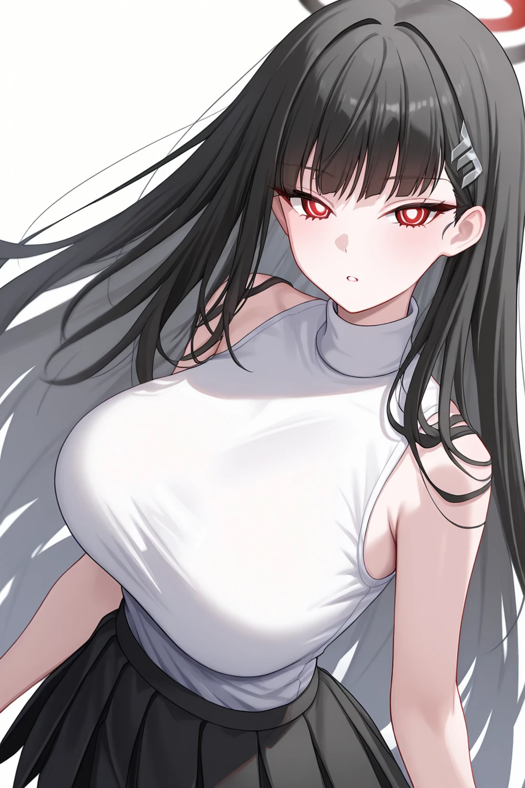 Optimal,masterpiece,High resolution,highest quality,Hyper HD,alone,(Upper Body),Upper Bodyの写真、Cute Face,,Black Hair、Long Hair、White skin,((Shooting from the front:1.5)), ((Tight black t-shirt:1.5)), ((Large Breasts:1.5)), Hands on hips