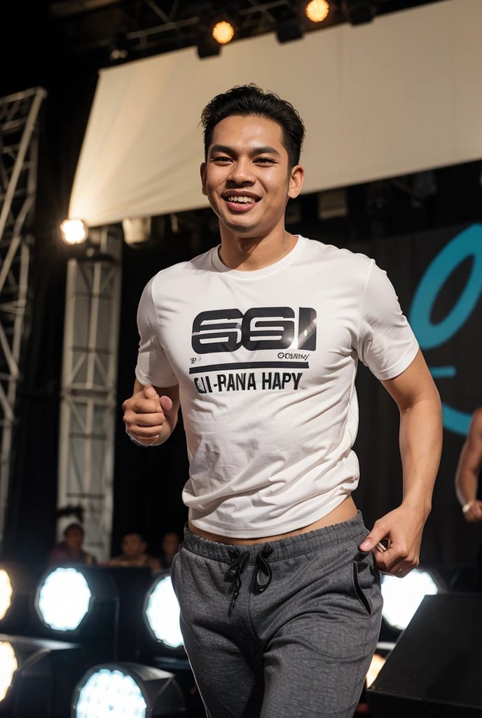 arafed man in white shirt and blue Pants doing a karate pose, large Pants, Pants, hands on hips, Very grainy image, zoomed out full body, white Pants, sport Pants, baggy Pants, hands in pockets, wearing white pajamas, Has two front pockets, Full body close-up, wearing Pants and a t-shirt