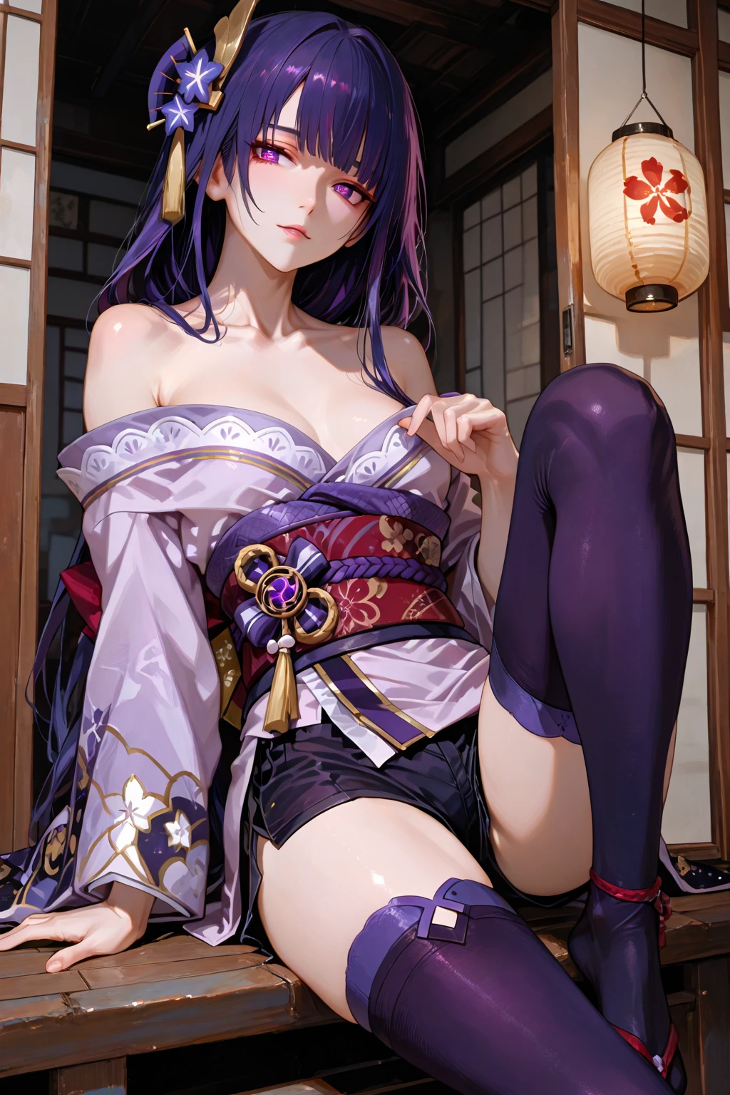 Masterpiece, best quality, breasts, Raiden Shogun, purple eyes, Japanese clothing, purple hair, big breasts, long hair, cleavage, hair accessories, thighs, purple kimono, high heels, bangs, black silk, long legs, long hair, thin waist