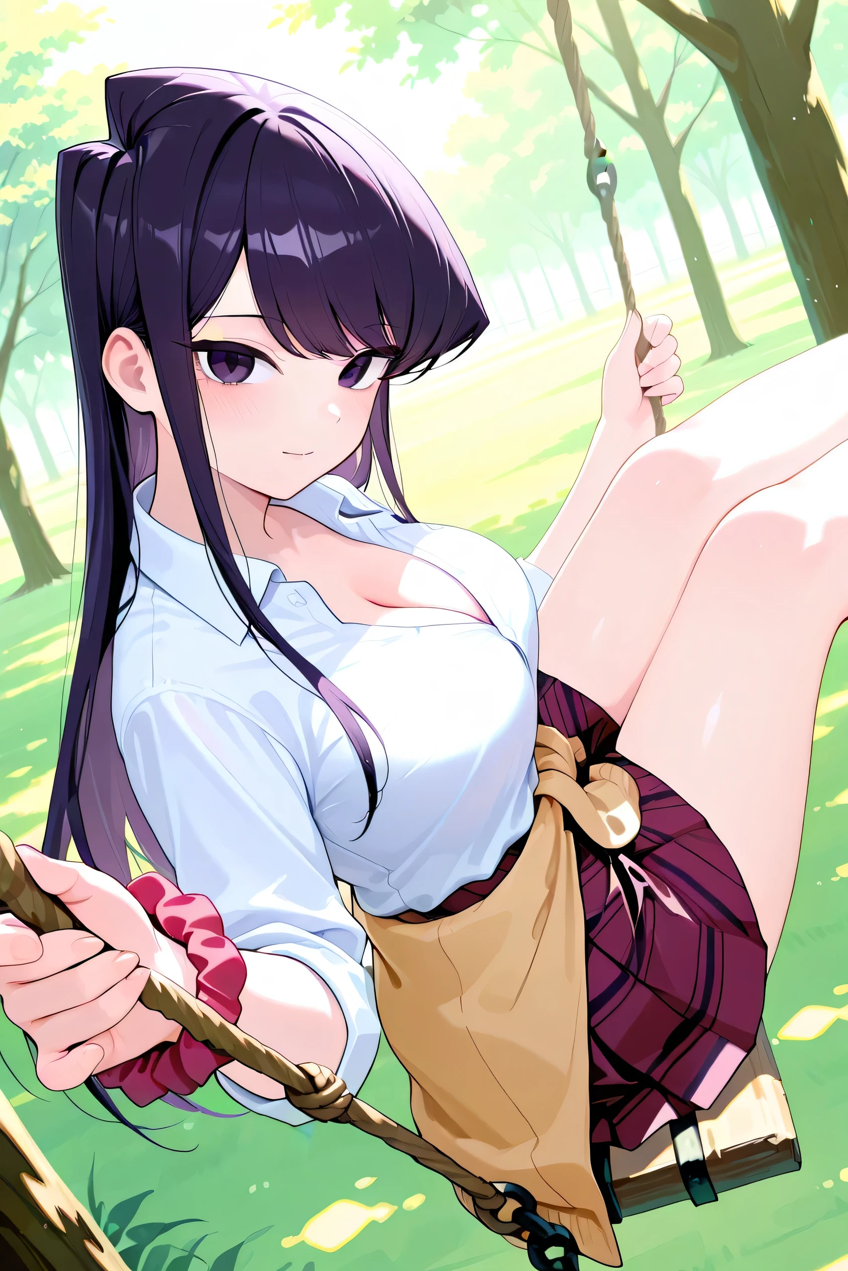 1girl,solo,cute,Komi Shouko,long_hair,purple_hair,purple_eyes,large_breasts
BREAK school_uniform,collared_shirt,breasts,cleavage,white_shirt,wrist_scrunchie sleeves_rolled_up,wrist_scrunchie,pleated_skirt,clothes_around_waist
BREAK A very cute girl is playing on a swing,outdoor,He is sitting with his legs stretched out on a swing suspended by two ropes from the branch of a large tree, barefoot, dynamic angle, from side, face focus,looking at viewer,light smile,happy
,BREAK masterpiece,best quality,very aesthetic,newest,aiu
