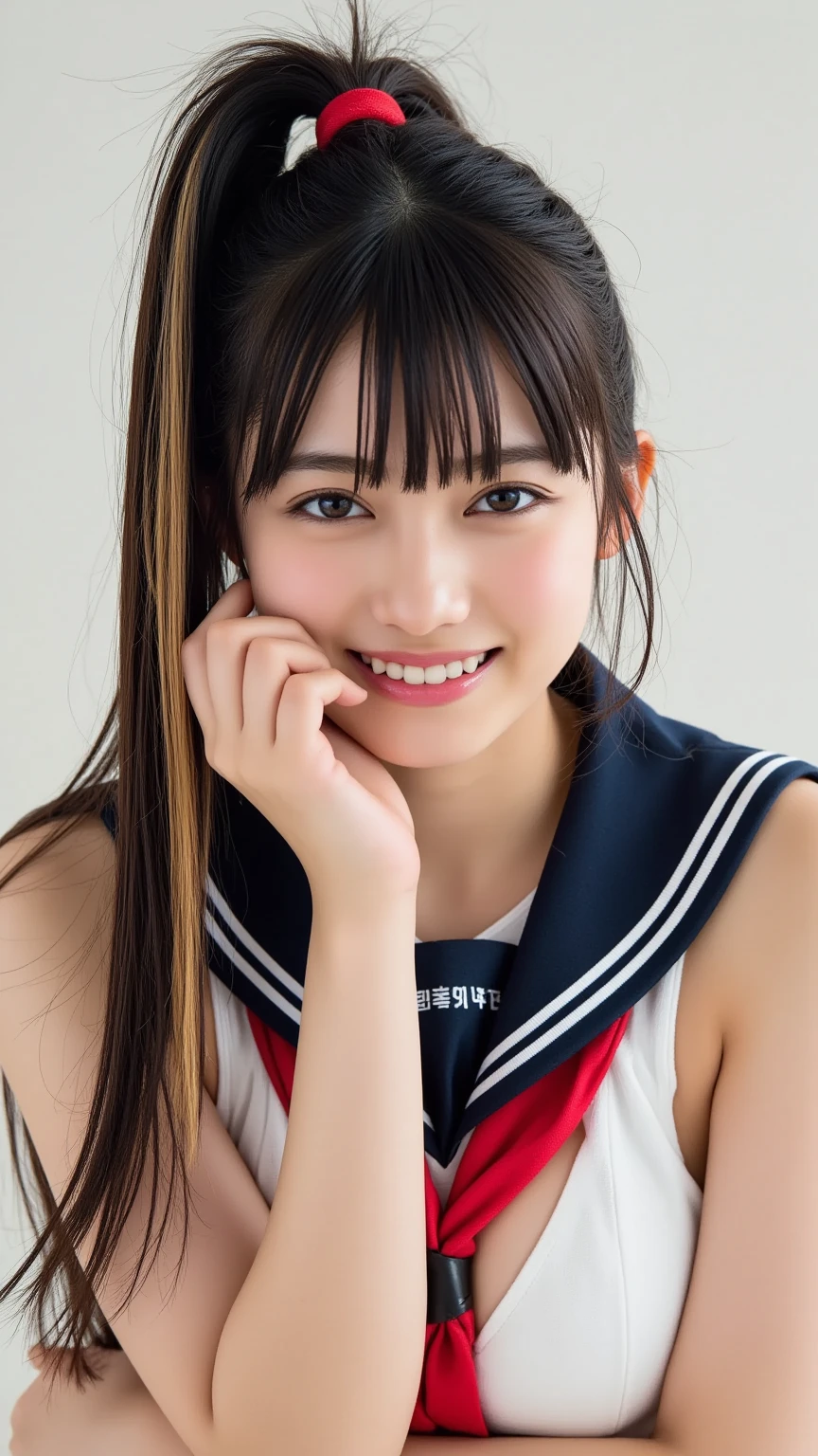 アイドルのようにvery cute、Cute and adorable、16歳のYoung faceのhigh school student少女, Young face、very cute、Smiling Kindly、Live at the high school cultural festival、High School Uniform、Cleavageがはっきり見える、High はCleavageが見えるデザイン、Cleavage、Singing on the gymnasium stage、In front of the students、Full body portrait、 Natural light、Accurate、Anatomically correct、Textured skin、Super Detail、 Attention to detail、highest quality、High resolution、Real、realism、Raw photo、Genuine、masterpiece、Guitar Heroine、high school student、Live at the gym