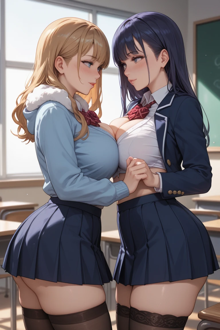 SFW, Realistic, masutepiece, VERY classroom interior detailed scenario, VERY crowded classroom detailed background, Insanely hot standing (woman 1) Use something sexy ((School uniform)), (Gray hair color Short hair)、(Indigo eyes)、(Mole under the mouth)(((Lifted skirt)),(Big breasts)、 (Big ass), (thick thigths), (fear expression), blushed face,woman grabbing woman 1 from behind,(((woman pressing her chest on woman 1 back))) And (((woman holding her waist behind her))), panties that are floral and pink panties, cleavage, white cum on boobs, bed over