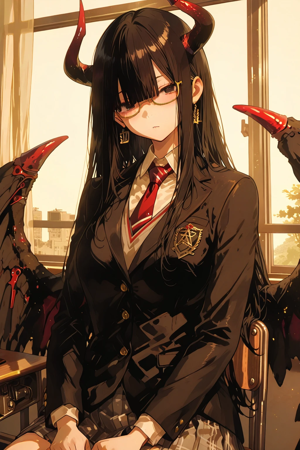 masterpiece, best quality, amazing quality, very aesthetic, newest, 1girl, Nerd Demon King、plain impression、shadows are applied to the face、Squishy long black hair、Demon King's Horn、Demon King's Wings、school uniform、SI school classroom、教室の一番後ろのmachine、machineに顔を突っ伏して眠る、 shinky 、Looking down、Hide face with arms、machine、the light doesn't shine only on the girl、Front Map、The golden ratio、