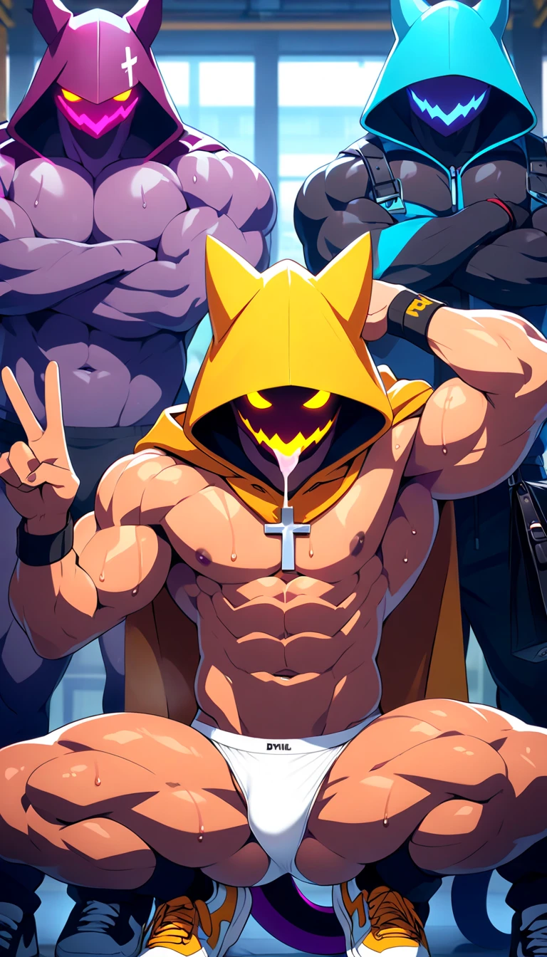 top quality、perfect anatomy、((devil male hood Shadowhead  wearing white panties))、Shadowhead 、(((muscular male body)))、(((Faceless)))、 dark purple skin 、sweat、Embarrging、Gay、Crotch Closeup、Leather Handbags、sneakers、white breath、Obscene posture、white steam、Best、strips、sports gym background、anime style、used condoms、back view、angle taken from below、Glowing yellow eyes、long devil tail、full body illustration、 Hip Hop Hand Sign 、squats,cross accessory,selfie style,Candy Lick,2 boys,Erotic　ejaculation