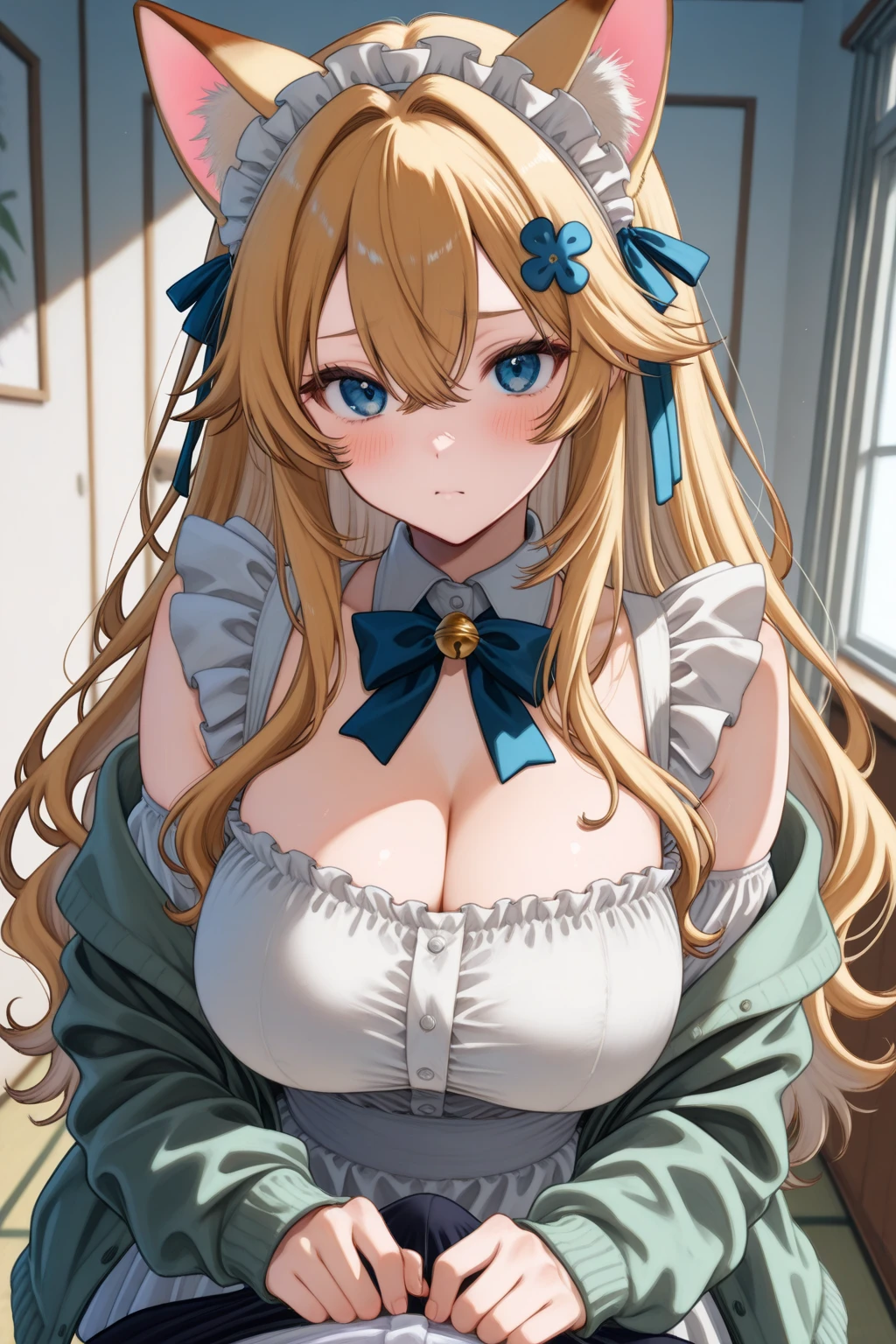 debris flies, highest quality, Highly detailed CG Unity 8K wallpaper, sexy witch , Long length hair、Dark blonde wavy hair、off shoulder knit, dark blue pleated skirt, stockings、medium breasts, saggy breasts, Pose that emphasizes the chest, blush, shy smile, bare shoulders, (((lift up the skirt with both hands、touch crotch、open your legs wide、please open your knees)))、、nice magic book、church bed、lying in bed、、pink panties、pink good